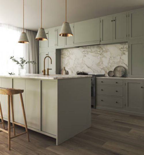 Japandi modern scandinavian style apartment kitchen interior design. Decoration with green pastel counter, wooden cabinet and marble counter top. 3d rendering. High quality 3d illustration.